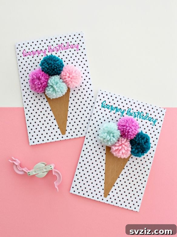 41 Creative Handmade Birthday Card Ideas 9 Whimsical Pom Pom Ice Cream Cone Birthday Cards