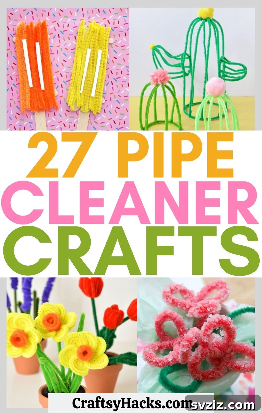 27 Creative Pipe Cleaner Crafts 2 Colorful assortment of pipe cleaner crafts including animals and flowers, perfect for children's activities and low-budget DIY projects.