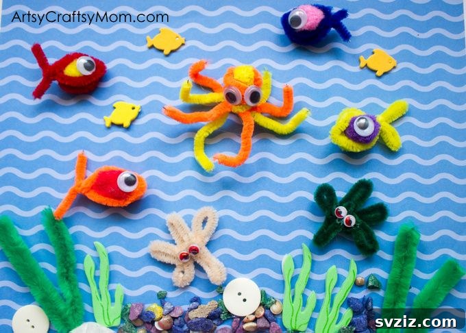 27 Creative Pipe Cleaner Crafts 21 Colorful pipe cleaner fishing game with various sea creatures and a magnet fishing rod.