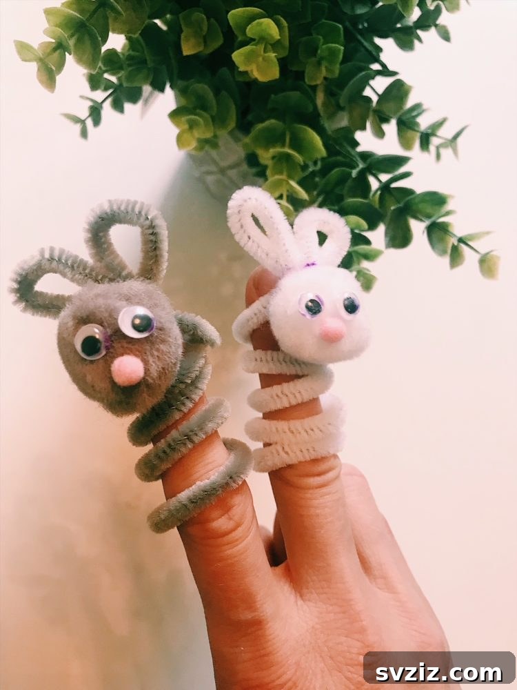 27 Creative Pipe Cleaner Crafts 8 Cute pipe cleaner bunny finger puppet with googly eyes and pink nose.
