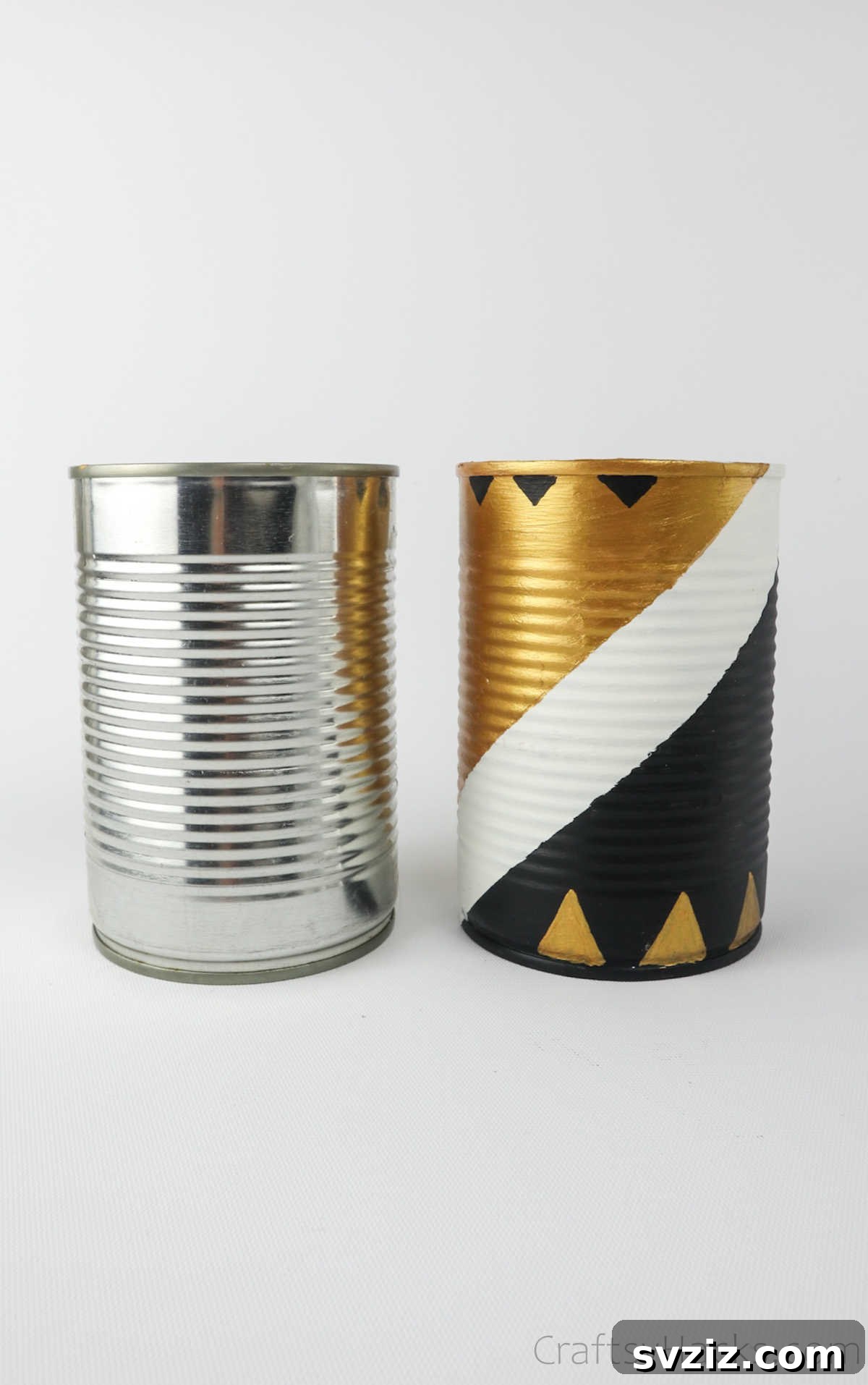 Repurposed Tin Treasures 23 A side-by-side comparison of a plain tin can and a finished, decorated upcycled tin can