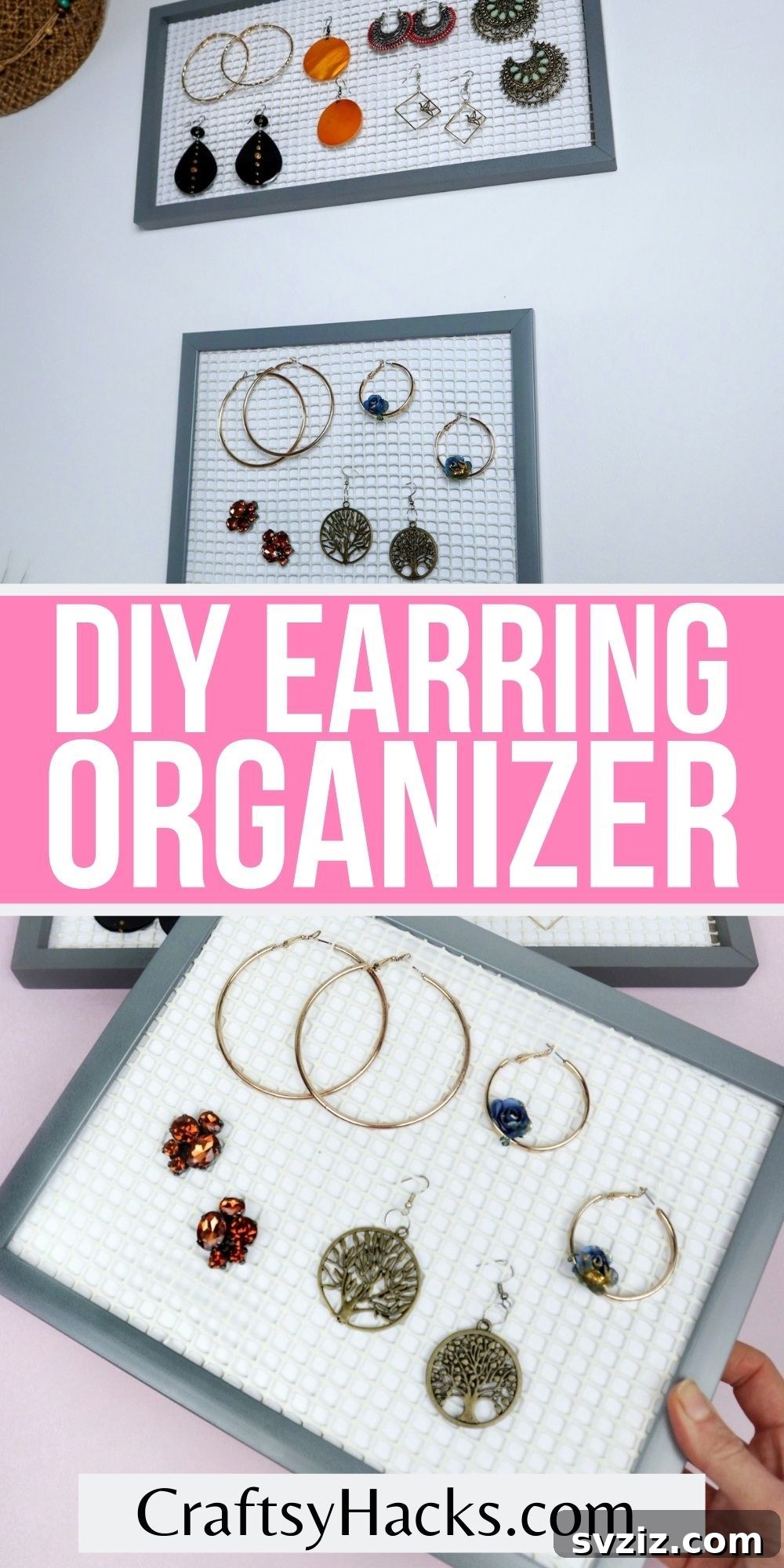 Turn Old Frames into a Chic Earring Organizer 20 A beautifully organized DIY earring holder with various earrings, highlighting its functionality and aesthetic