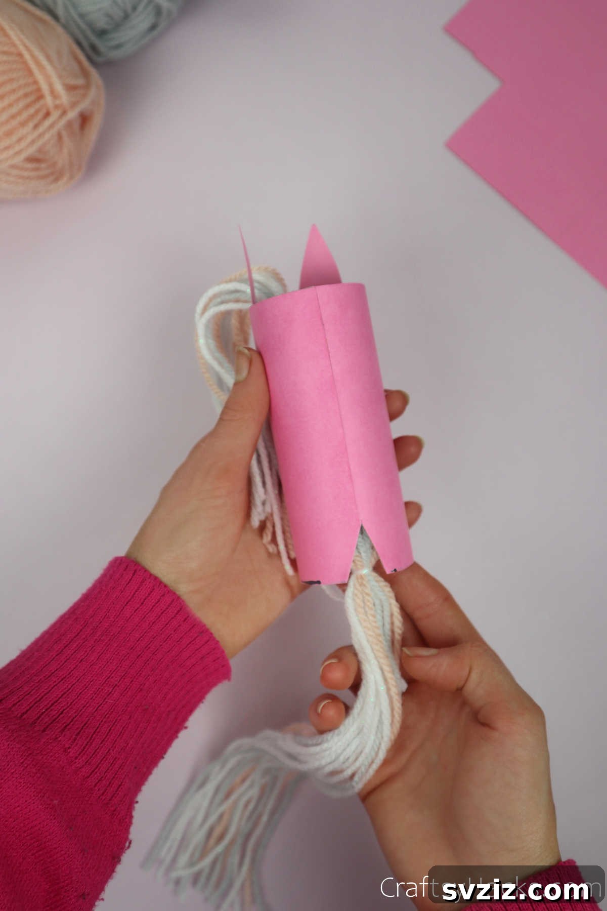 Magical Unicorn Toilet Roll Creations 20 attaching yarn tail to unicorn