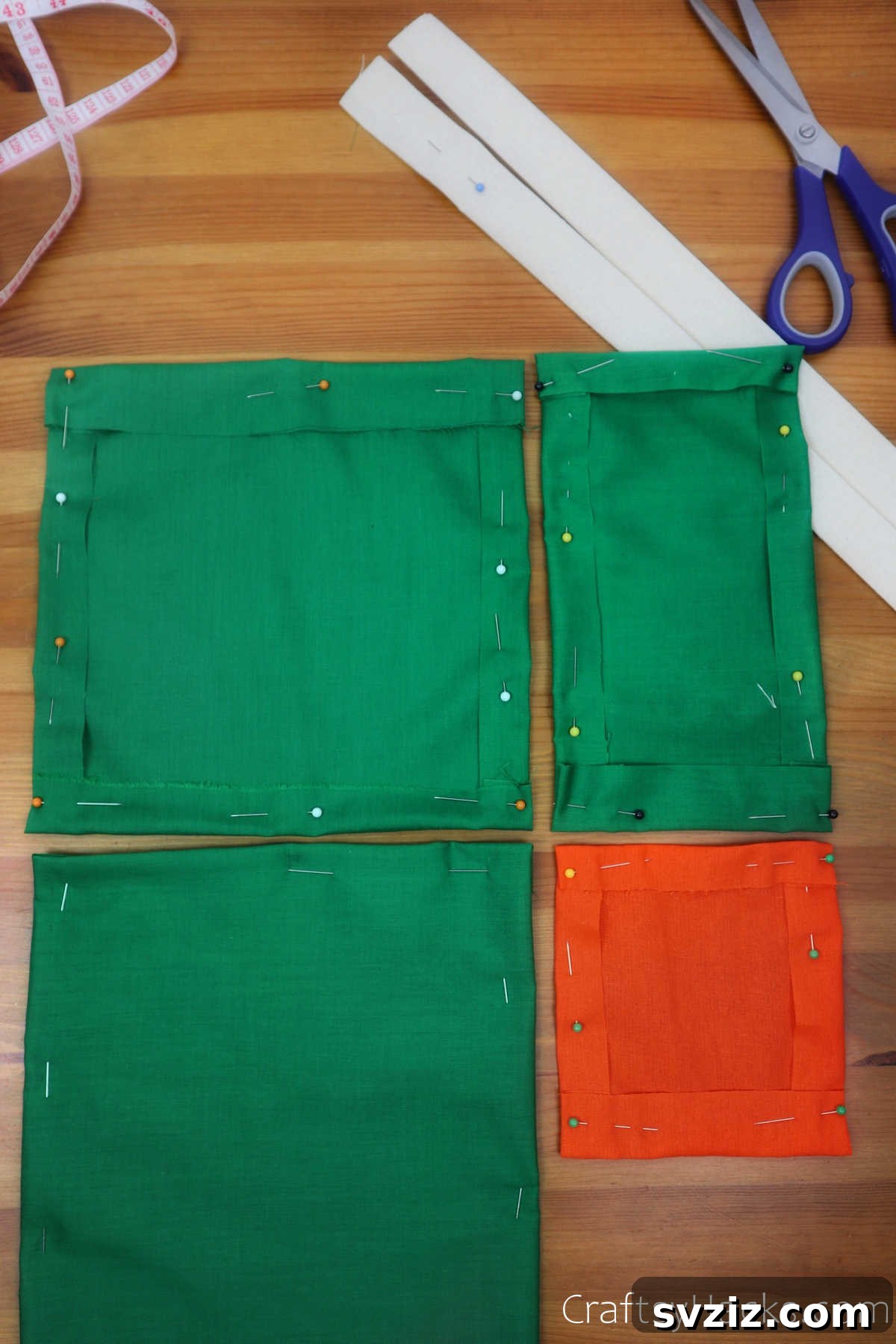 Four pinned fabric pockets in different colors