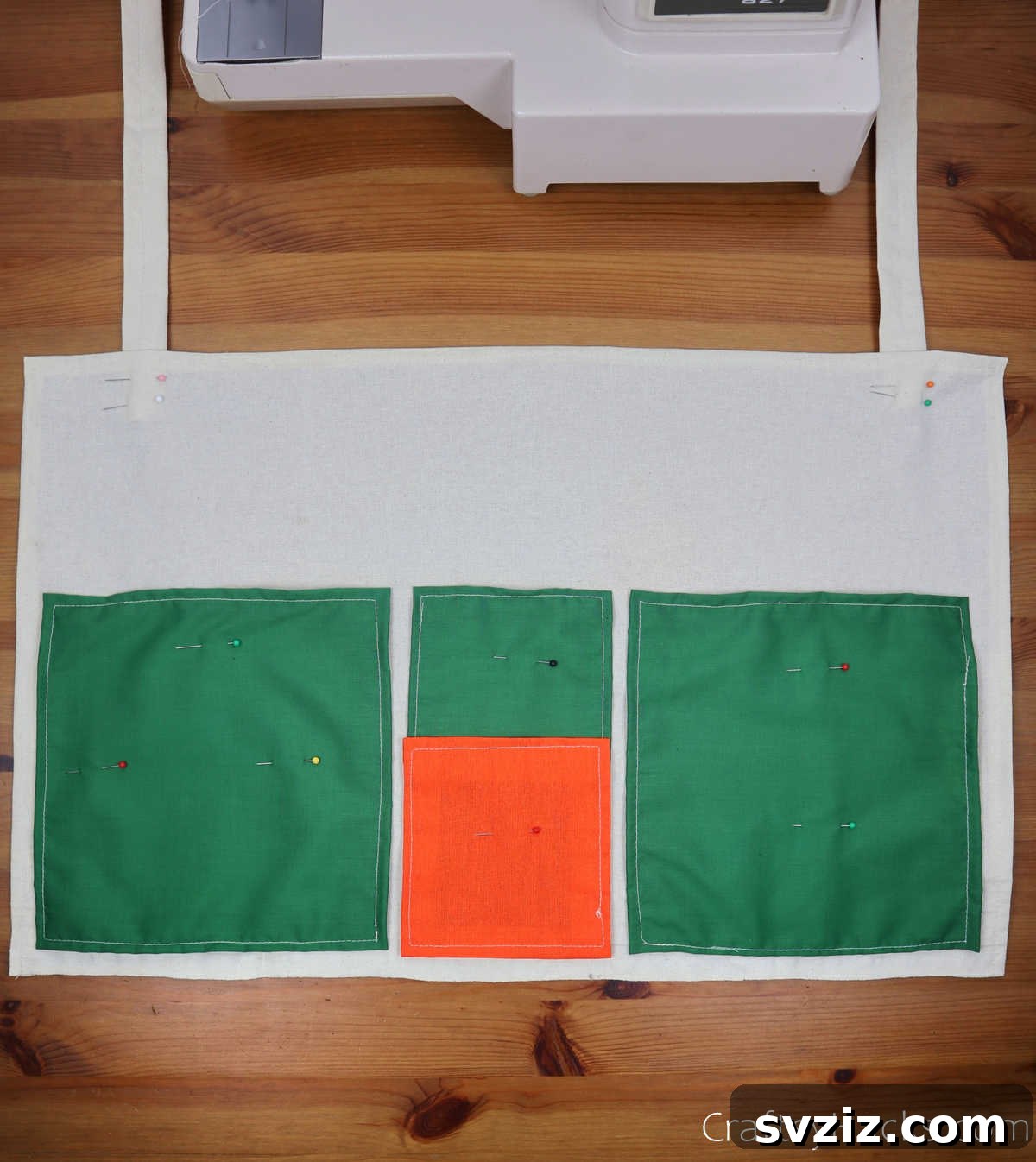 Pockets pinned to the main fabric, ready for final sewing