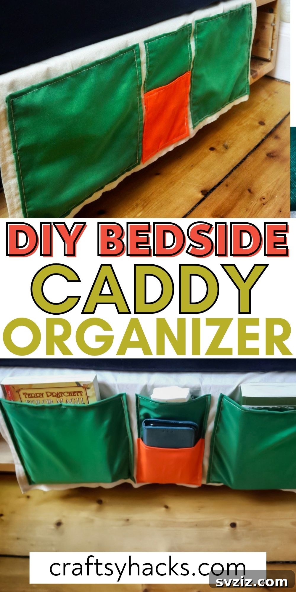 Completed DIY bedside caddy organizer hanging on a bed