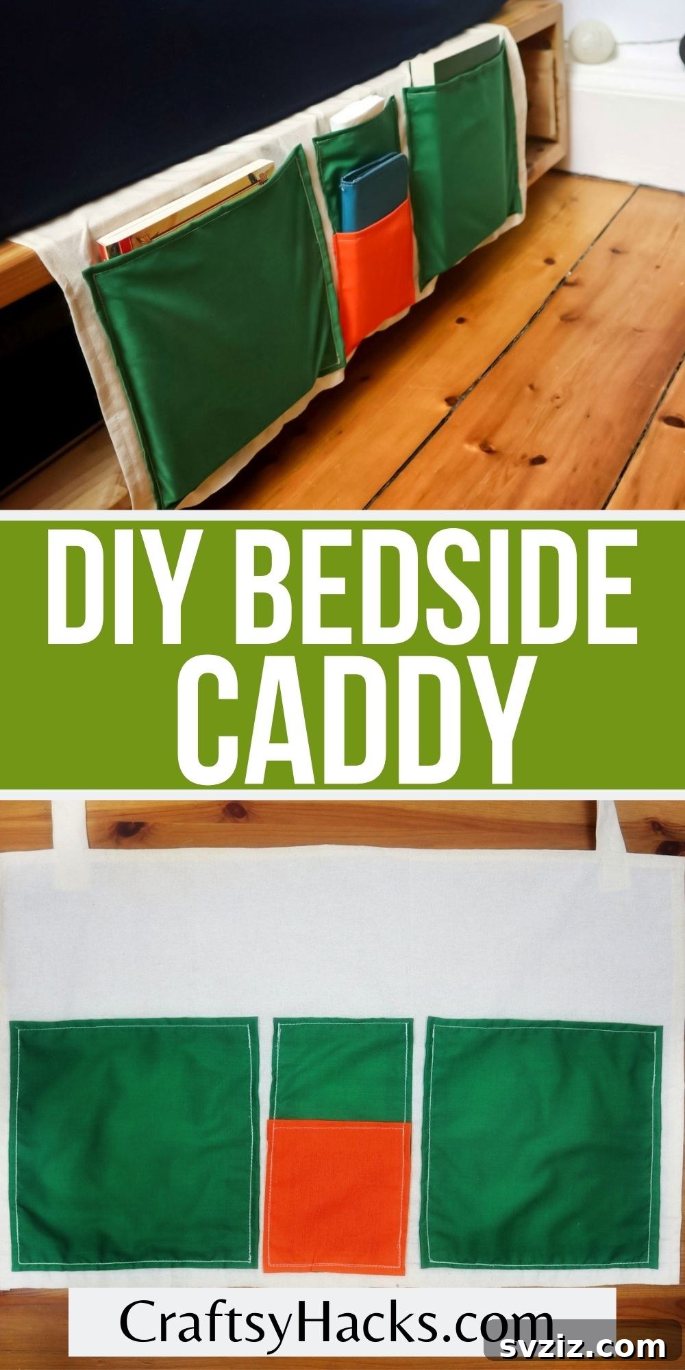 Close-up of a completed DIY bedside caddy with various items