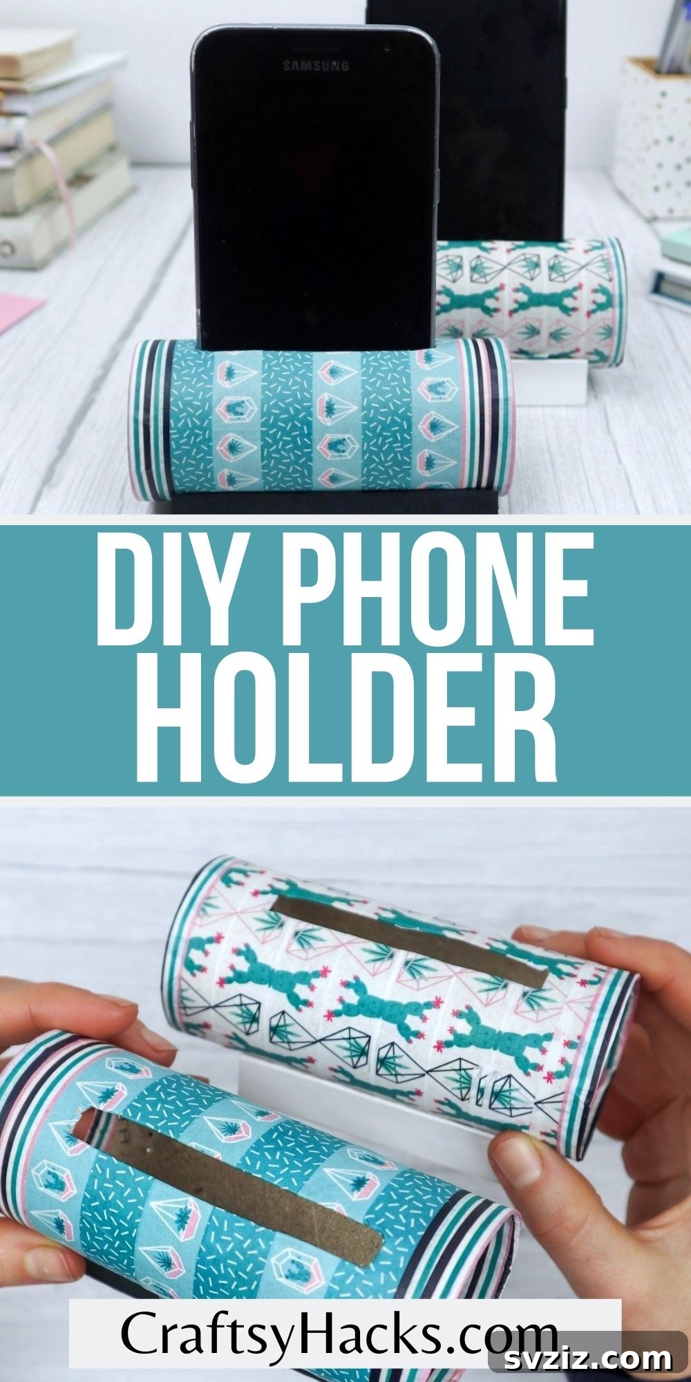 Roll Your Own Phone Stand from a Toilet Paper Tube 29 A creatively designed DIY phone holder made from a toilet paper roll, showcasing its unique upcycled charm.