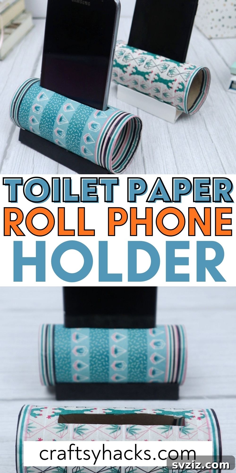 Roll Your Own Phone Stand from a Toilet Paper Tube 30 A stylish toilet paper roll phone holder, highlighting its innovative and sustainable design for holding smartphones.