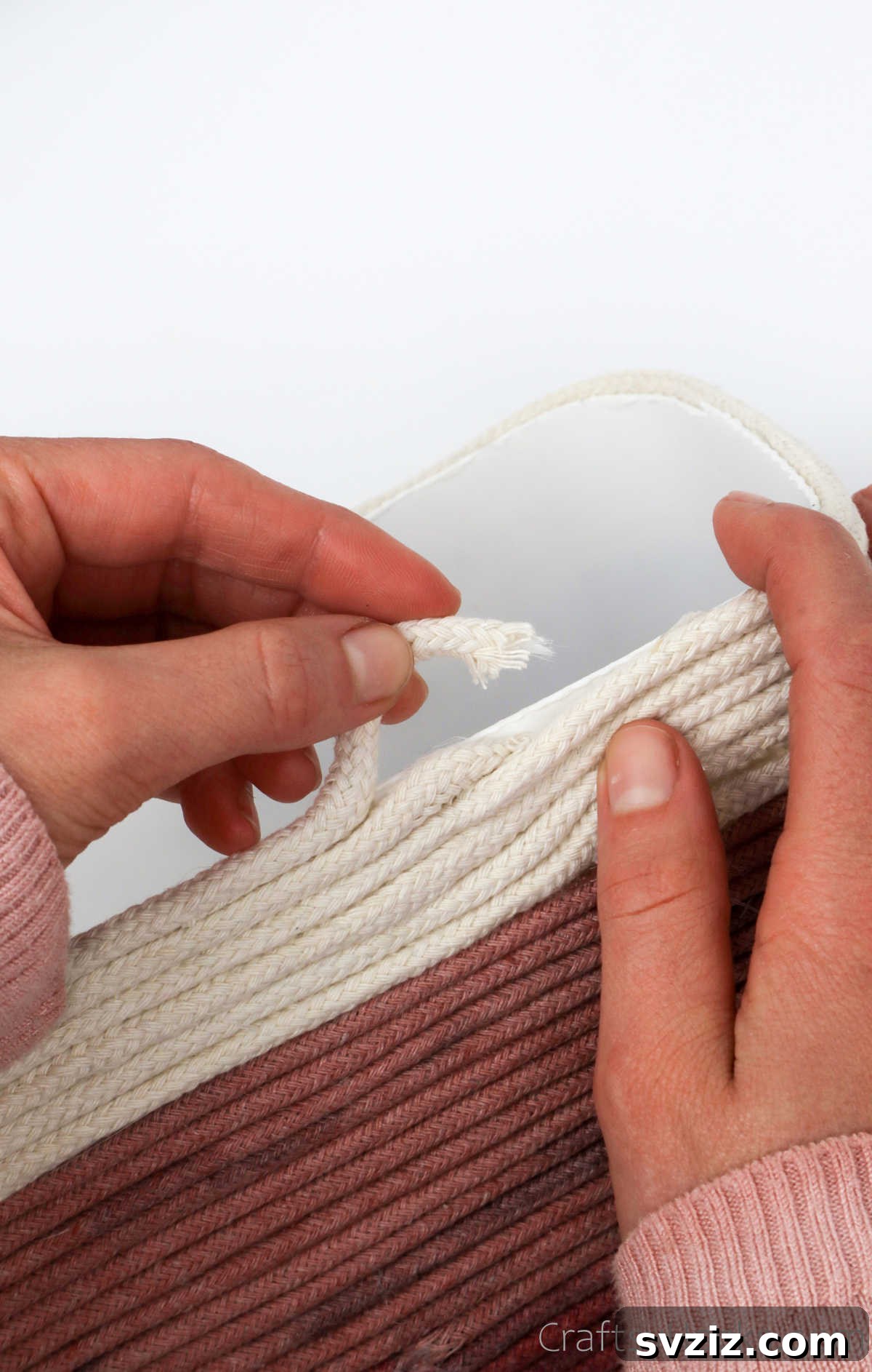 Stylish DIY Rope Basket 23 Tucking in the Edge of the Rope for a Clean Finish