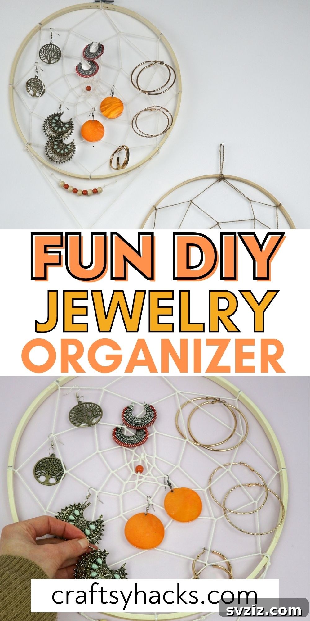 From Clutter to Charm: DIY Jewelry Storage 38 A stunning, handcrafted DIY jewelry organizer with a white string web and beige tassels, beautifully displaying a small collection of earrings and a necklace against a light background.