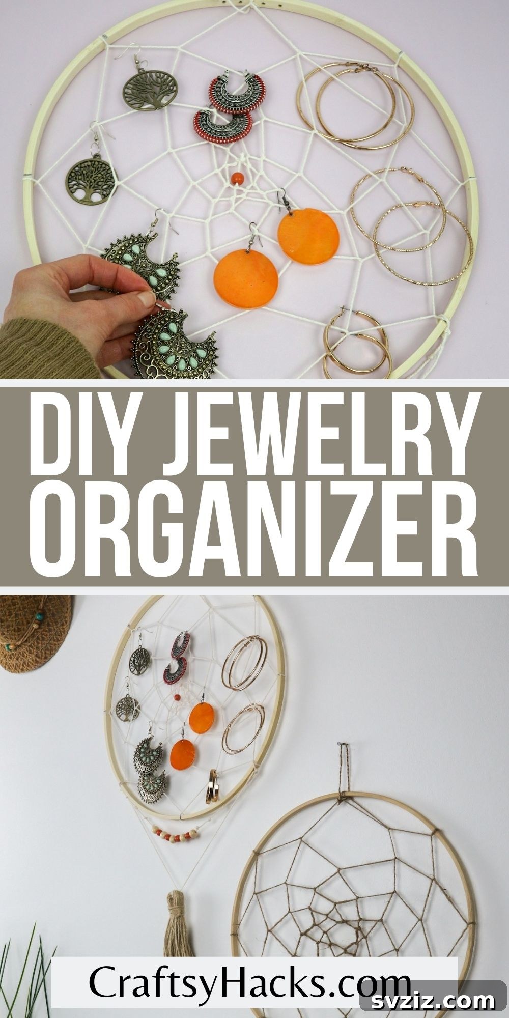 From Clutter to Charm: DIY Jewelry Storage 39 A close-up of a meticulously crafted DIY jewelry organizer, highlighting the intricate white string pattern and a central bead, with a decorative tassel hanging below.