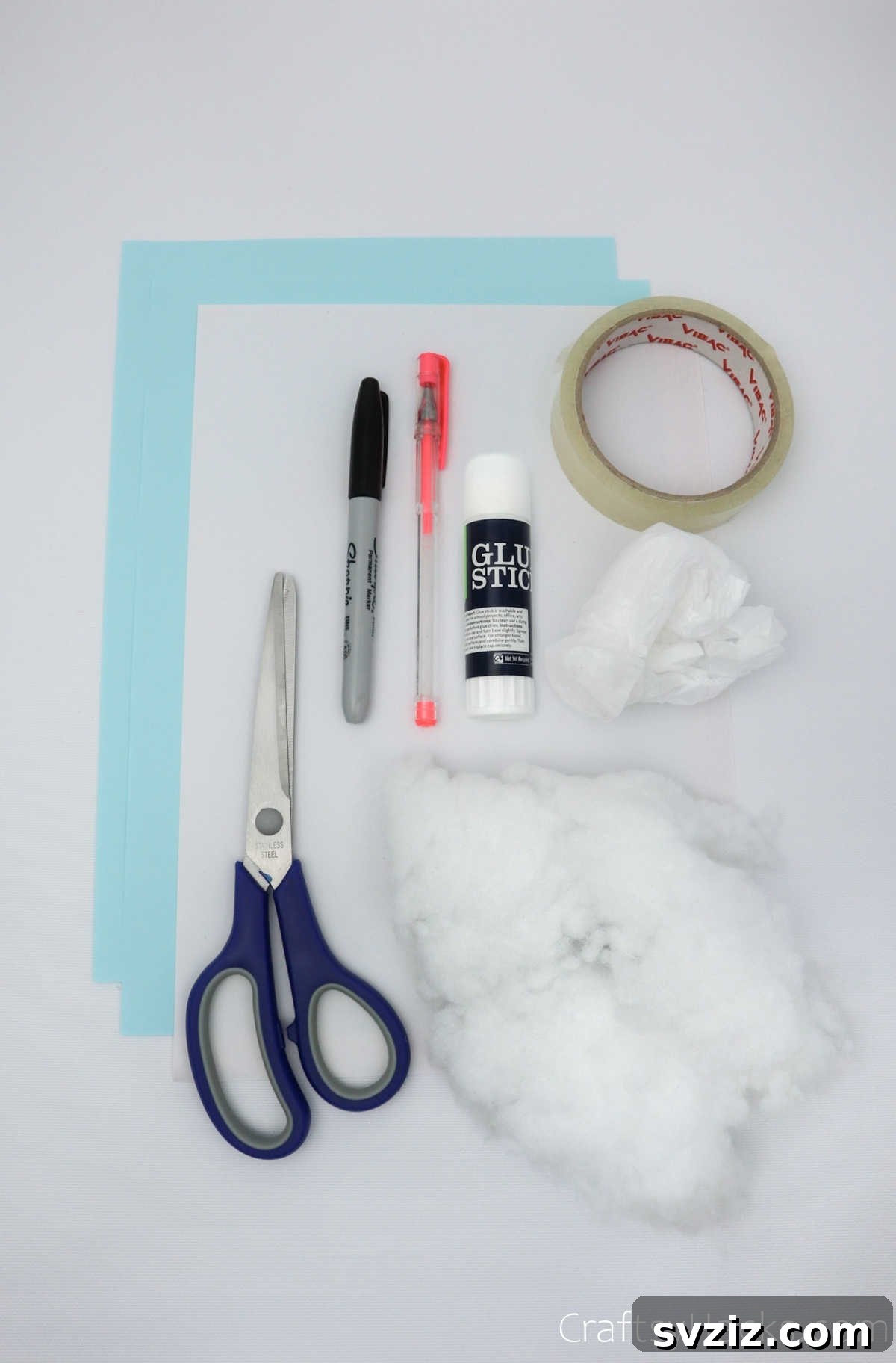 Create Adorable Paper Squishies Print Play 3 Assortment of craft supplies laid out, ready for making paper squishies.