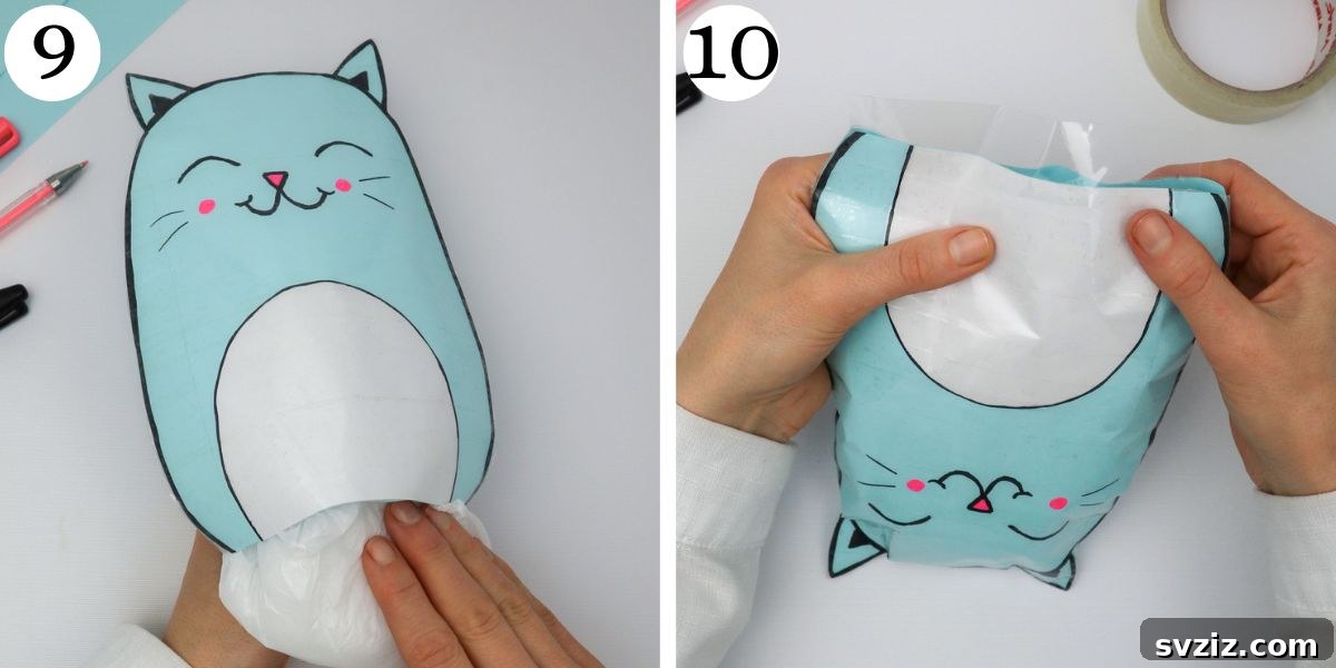Create Adorable Paper Squishies Print Play 8 Sealing the final opening of a stuffed paper squishy with tape.