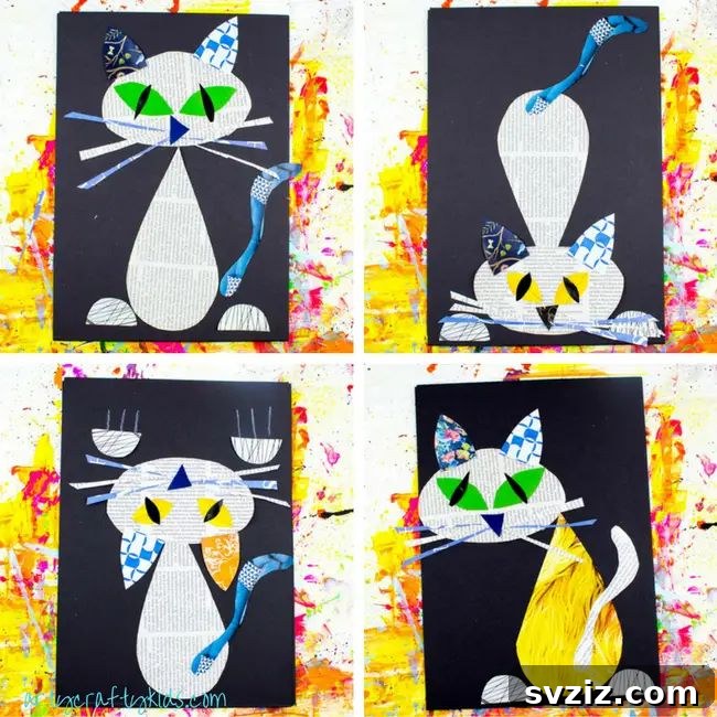 Kids crafting unique cat collages using newspaper cutouts.