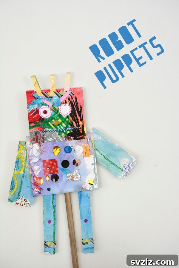 Children creating unique robot puppets with various craft materials.