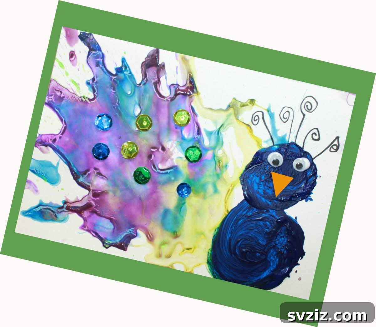 Children creating vibrant peacock paintings using straw blowing techniques.