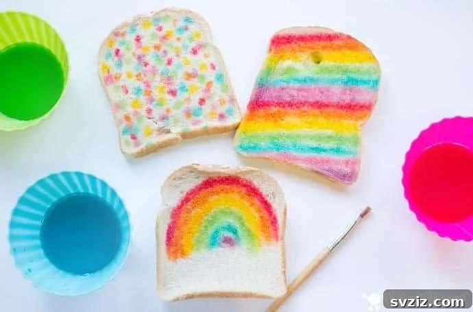Kids painting colorful designs on slices of bread with edible paint.
