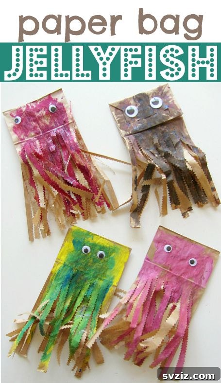 Children crafting colorful jellyfish using paper bags and ribbons.