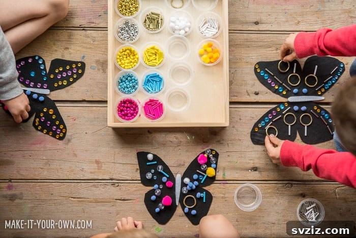 Children decorating butterfly wings with various loose parts and embellishments.