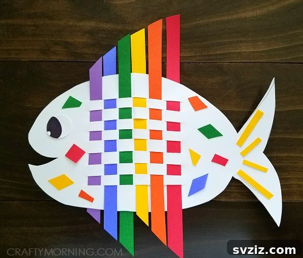 Kids weaving colorful paper strips to create rainbow fish art.