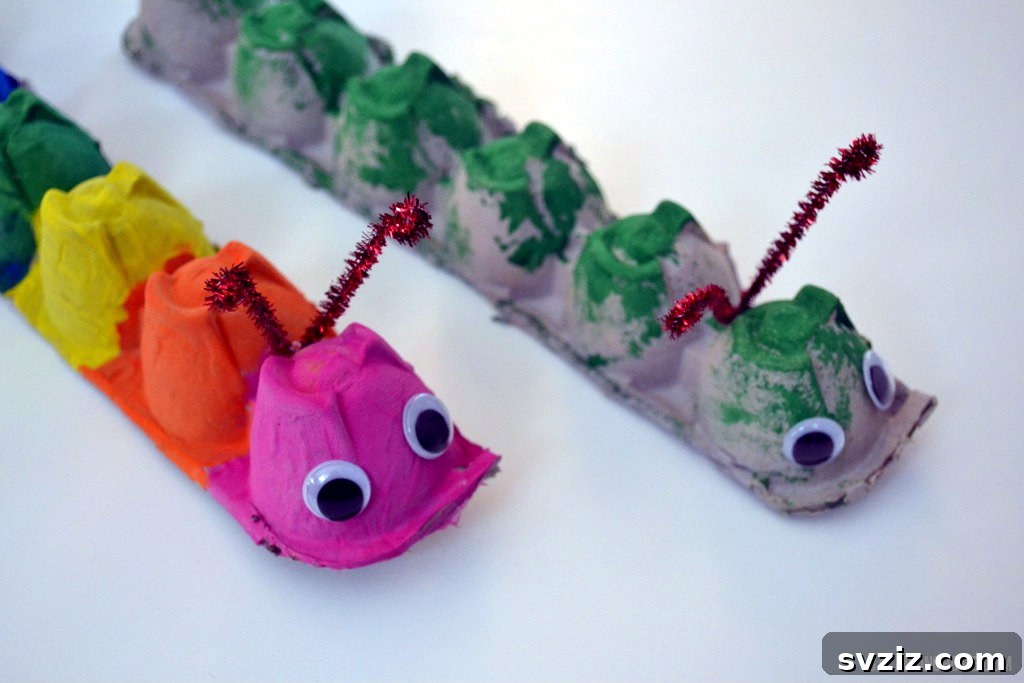 Kids creating vibrant caterpillars using recycled egg cartons.