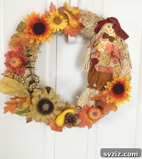 27 Creative DIY Fall Wreath Designs 13 Whimsical Scarecrow Wreath for a rustic fall welcome