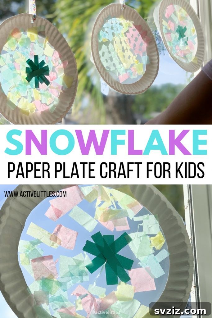 Kids' paper plate snowflake craft with tissue paper.