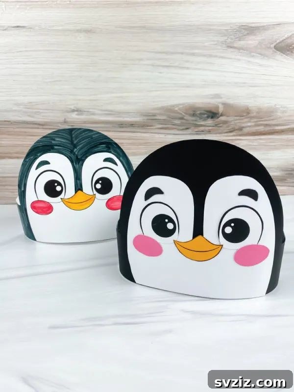 Kids wearing DIY penguin headbands.