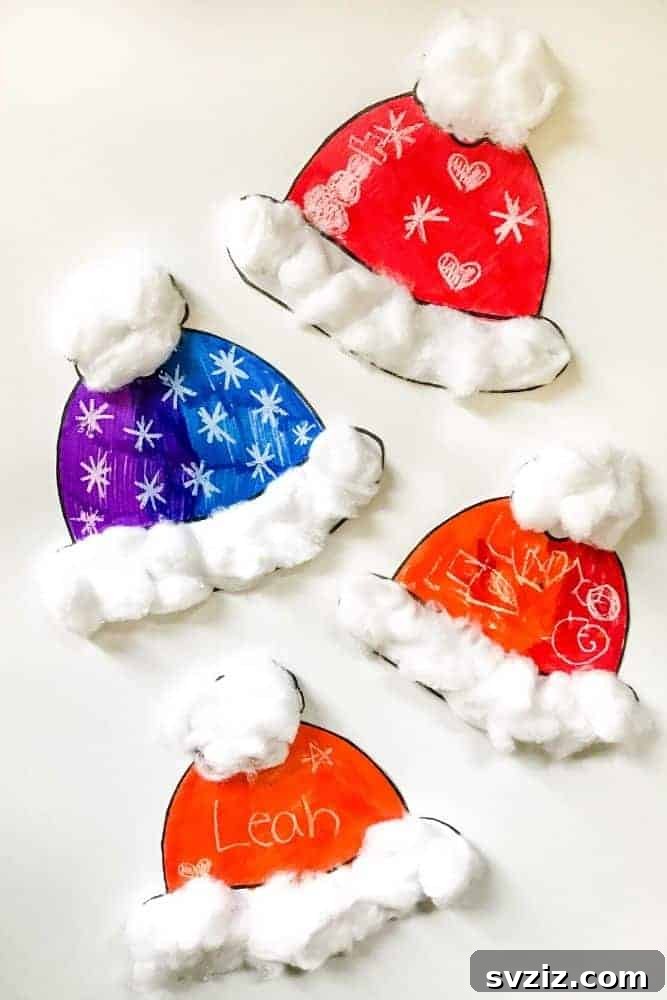 Paper winter hat craft decorated with cotton for young children.