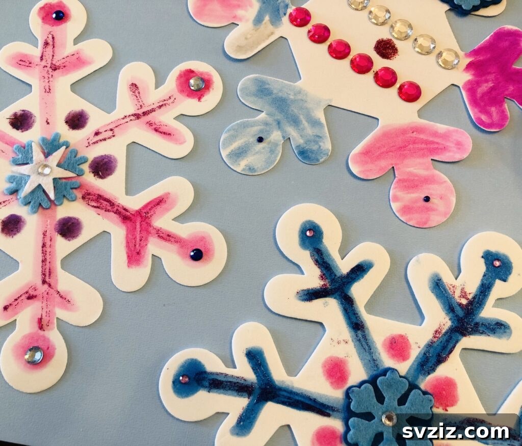 Decorated foam snowflakes, a durable winter craft.