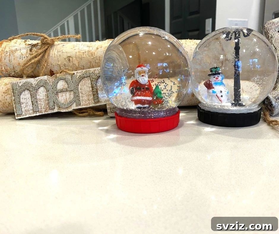 Handmade snow globes with winter figurines.