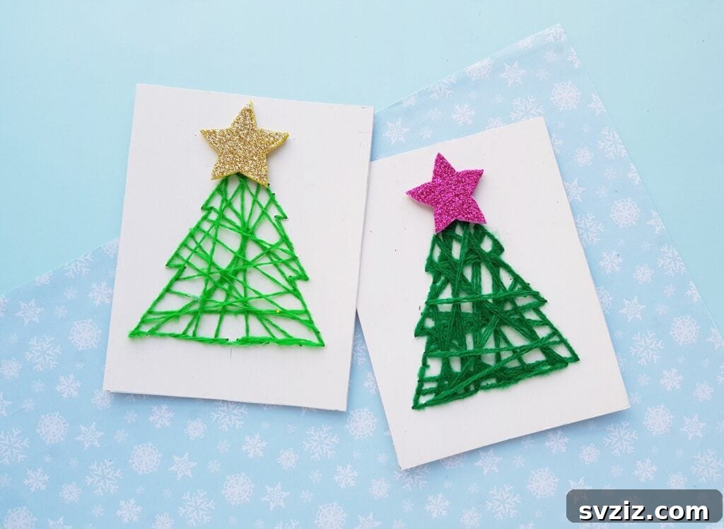 Handmade string art card with a Christmas tree design.