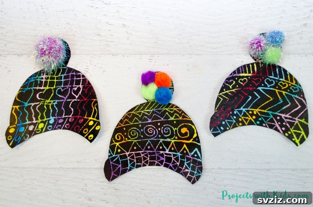 Kids' scratch art winter hat craft.