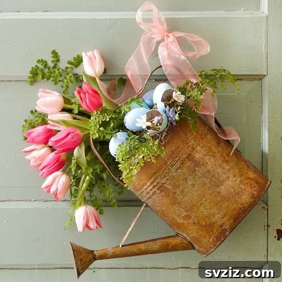 Fresh Farmhouse Spring Decor Ideas 11 Flowers in Rustic Watering Cans for Spring Porch