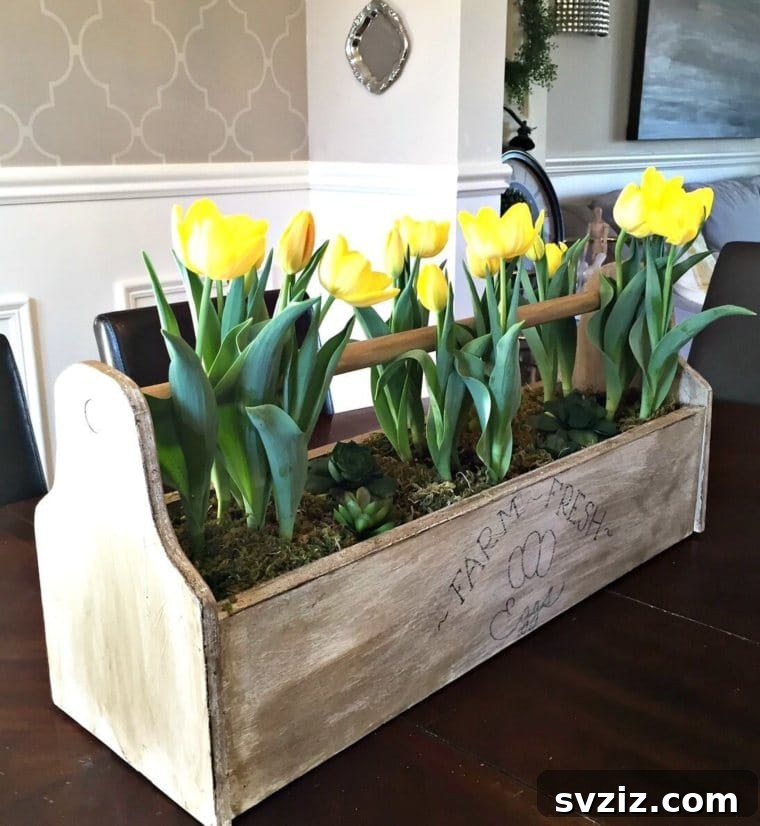 Fresh Farmhouse Spring Decor Ideas 13 Egg Box Display with Fresh Tulips Spring Decor