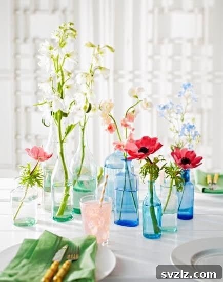 Fresh Farmhouse Spring Decor Ideas 19 Colored Glass Bottles Spring Flower Display