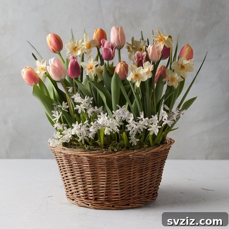 Fresh Farmhouse Spring Decor Ideas 23 Basket of Tulips Spring Centerpiece for Farmhouse Table