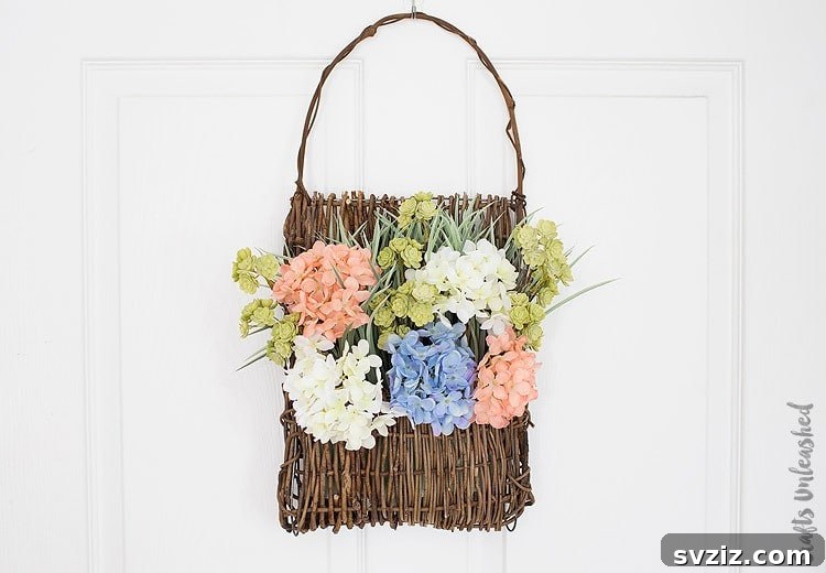 Fresh Farmhouse Spring Decor Ideas 8 Floral Door Basket with Spring Blooms