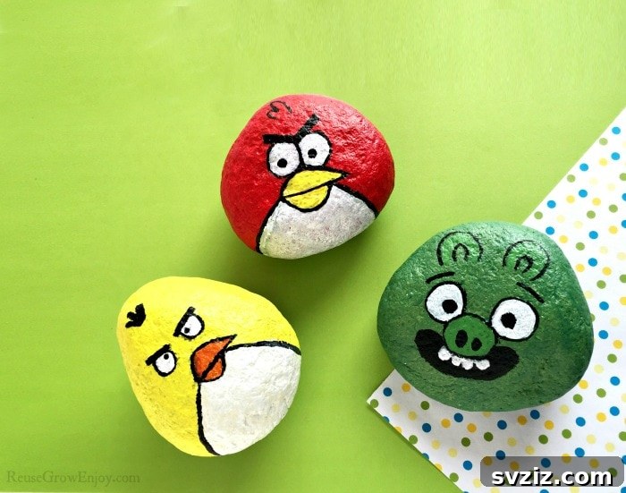 Tiny Treasures: 41 Adorable Rock Painting Ideas 12 Fun DIY Angry Birds painted on rocks, recreating game characters.