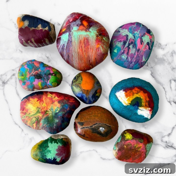 Tiny Treasures: 41 Adorable Rock Painting Ideas 14 Hot Rocks: A unique crayon melting art project for kids.