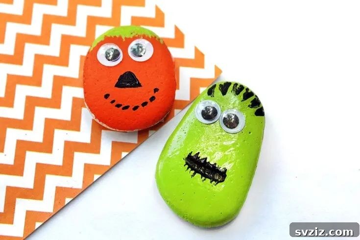 Tiny Treasures: 41 Adorable Rock Painting Ideas 28 Simple Hand Painted Halloween Rocks, perfect for young children.