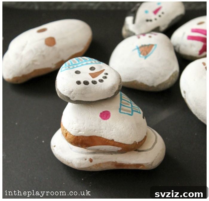 Tiny Treasures: 41 Adorable Rock Painting Ideas 7 Playful Mix and Match Stone Snowmen, a fun craft for kids.