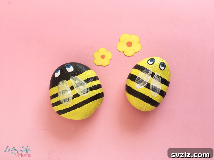 Tiny Treasures: 41 Adorable Rock Painting Ideas 8 Charming Buzzing Bee Painted Rocks, perfect for garden decor.