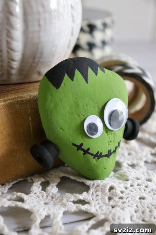 Tiny Treasures: 41 Adorable Rock Painting Ideas 9 Adorable Painted Frankenstein Craft on rocks for Halloween.