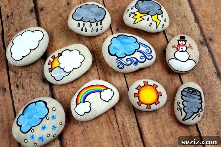 Tiny Treasures: 41 Adorable Rock Painting Ideas 10 Educational Weather Story Stones for kids to learn about seasons.