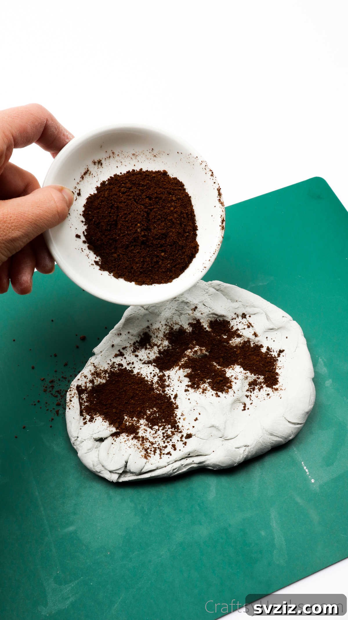 Sprinkling Ground Coffee onto Air Dry Clay
