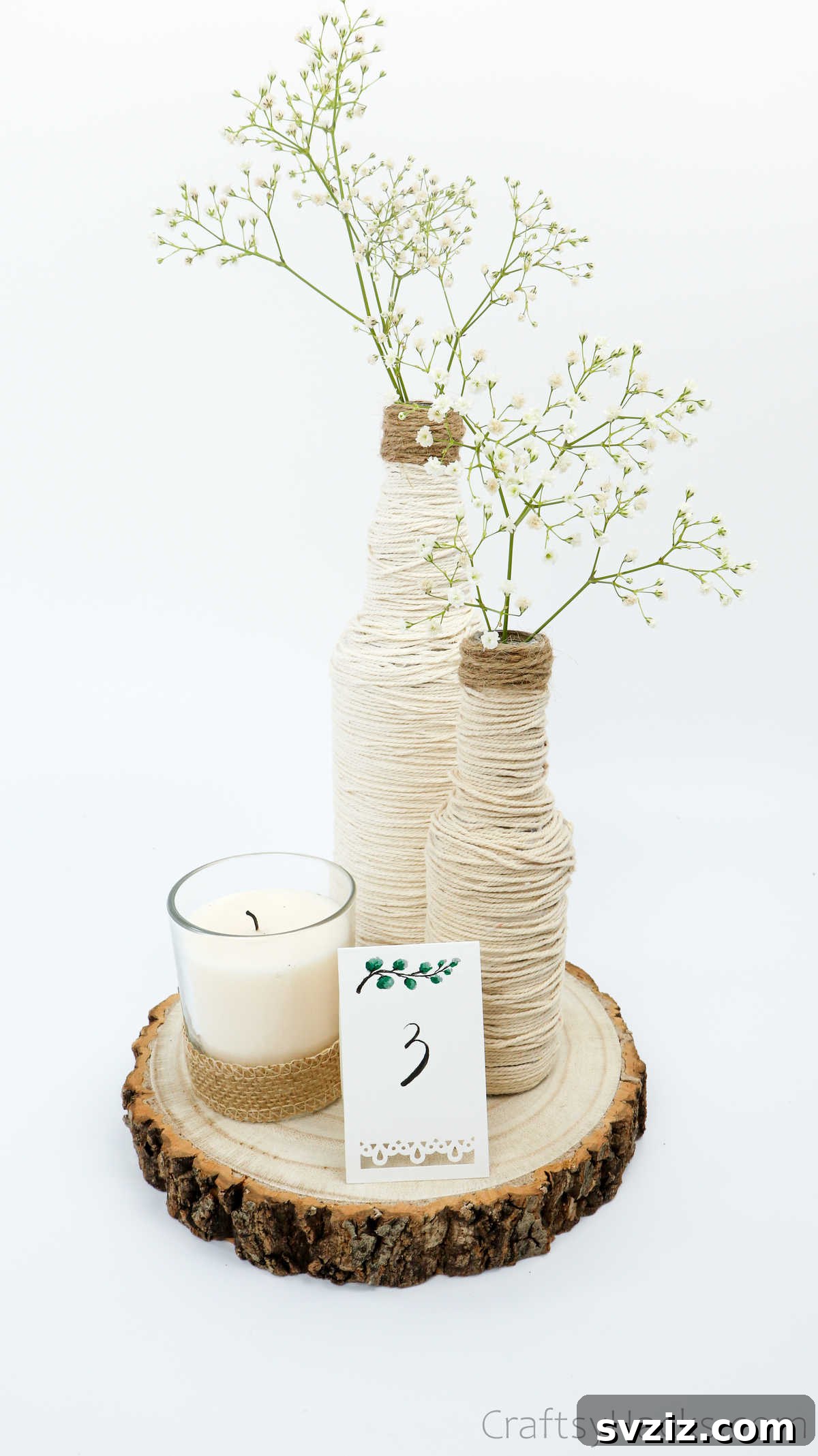 Close-up of a Crafty DIY Wedding Centerpiece with Flowers