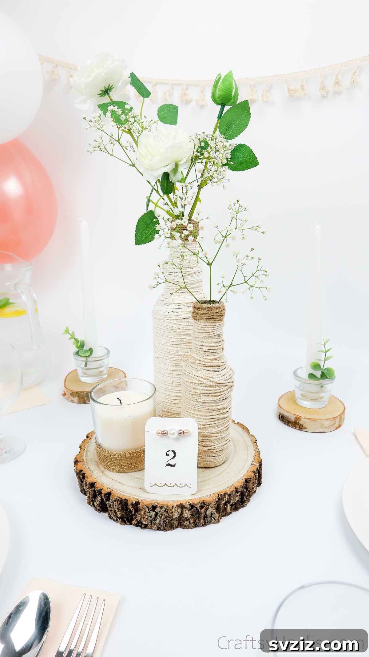 Artistic DIY Wedding Centerpiece on a Wooden Slice