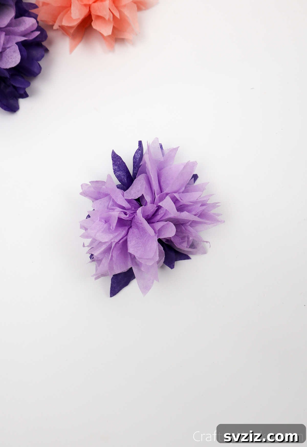 A fully unfurled and fluffed tissue paper flower, showcasing its beautiful, volumetric final form